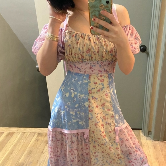 Floral Chiffon Multi-Color Square Neck Puff Sleeve Maxi Dress - Picture 16 of 16